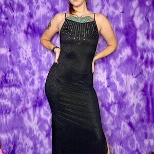 VTG Y2K black glittery strappy maxi dress with rhinestone chest * Rocket Candy *
